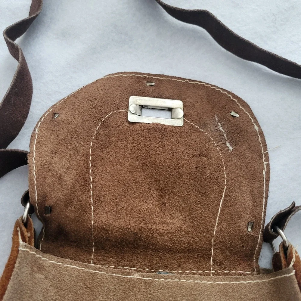 Vintage Brown Leather Hand Crafted Purse Bag Mini Hippie Retro‎ Hobo